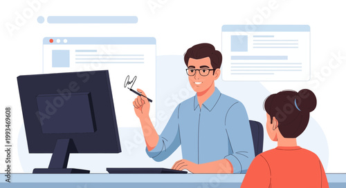 Man signing document on computer screen, woman watching, business meeting concept