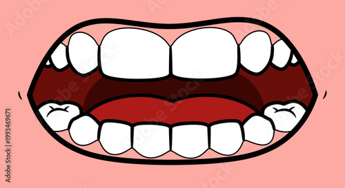 A funny cartoon vector illustration of a woman with an open mouth showing a healthy smile, white teeth, pink gums, and tongue for dental care and dentist design symbol