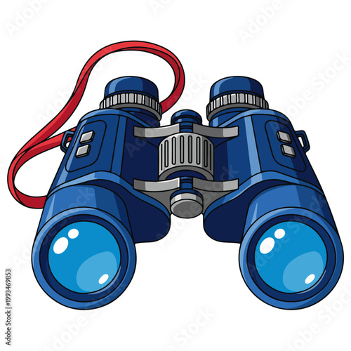 Cartoon Blue Binoculars Vector Illustration with Red Neck Strap