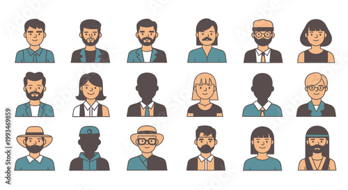 A comprehensive set of business people icons featuring cartoon avatar illustrations of diverse men and women characters in office suits for professional team user profile design