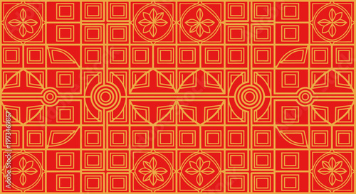 Traditional Chinese New Year card background features a seamless geometric pattern with vintage oriental ornaments and textile textures for a retro style vector illustration backdrop