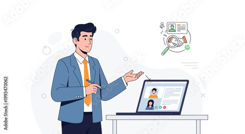 Man presenting online meeting with video call participants and recruitment icons