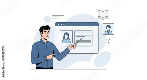 Man presenting online course, e-learning, digital education, remote teaching, webinar concept