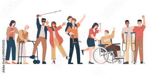 Diverse group of people with disabilities and friends walking together in unity illustra.