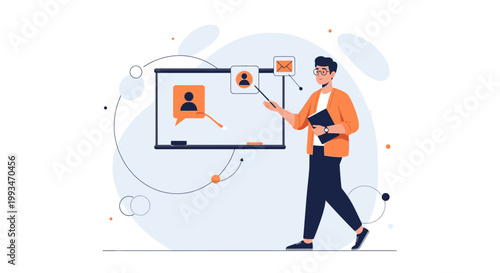 Man presenting business strategy on whiteboard with icons, online communication concept