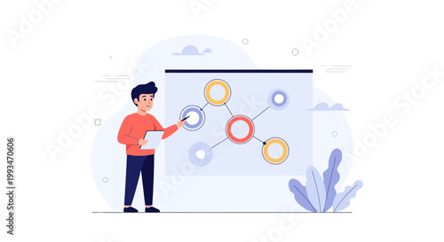 Man Presenting a Network Diagram on a Screen, Business Strategy Concept