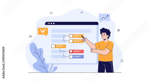 Man presenting a flowchart on a digital screen, business strategy and planning concept