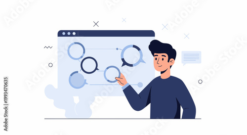 Man presenting a digital flowchart on a screen, business analytics concept