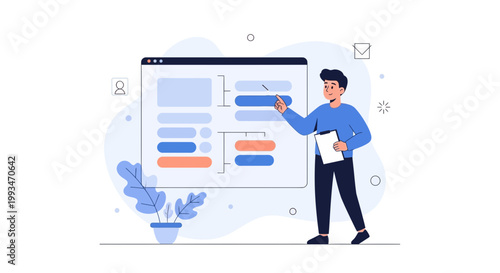 Man presenting a digital dashboard with charts and data on a screen