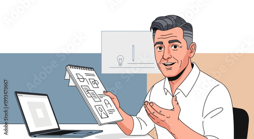 Man presenting a design sketchpad with laptop, idea bulb illustration