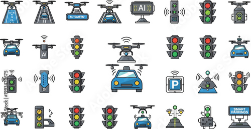 Traffic lights manage autonomous vehicle flow.