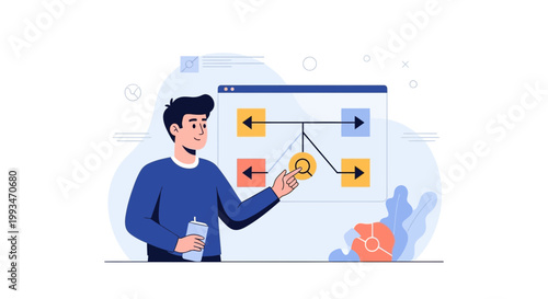 Man presenting a business flowchart on a screen, digital strategy concept