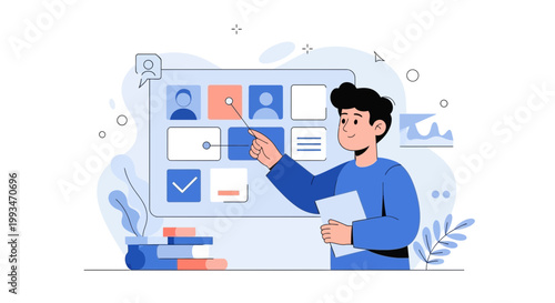 Man pointing at screen with user profiles, business concept illustration