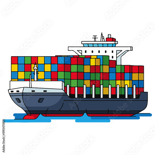 Flat Design Colorful Cargo Container Ship Vector Illustration