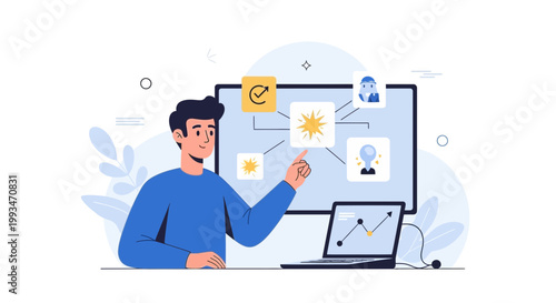 Man pointing at flowchart on screen, business strategy, planning, ideas, laptop with graph