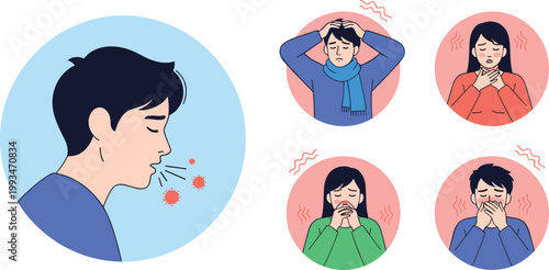 Sick people showing illness symptoms including coughing sneezing headache sore throat and fever flat style cartoon vector illustration set