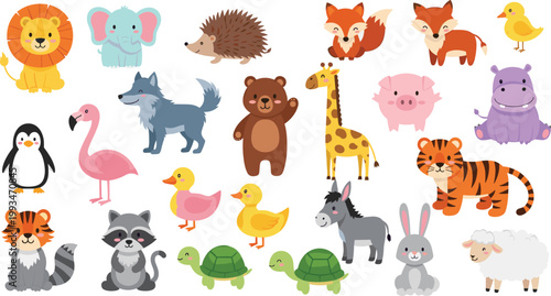 Cute cartoon wild and domestic animals collection featuring lion elephant giraffe tiger bear fox penguin flamingo and rabbit vector illustration set