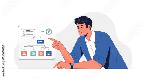 Man pointing at a digital flowchart, illustrating business strategy and data analysis.