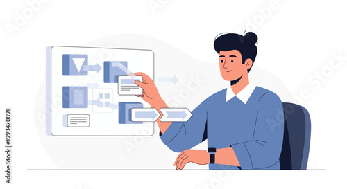 Man planning workflow on a flowchart board, business strategy and process management