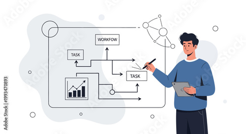 Man planning workflow and tasks on digital board with graph and network diagram