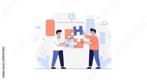 Teamwork and Collaboration: Two Men Assembling a Puzzle Together