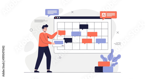 Man Planning Project on Calendar Board with Colorful Tasks and Chat Bubbles