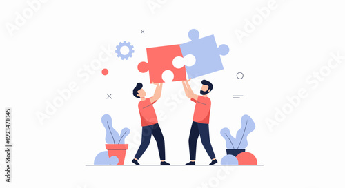 Teamwork and collaboration: two men fitting puzzle pieces together