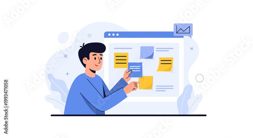 Man planning on a sticky note board, project management and strategy concept