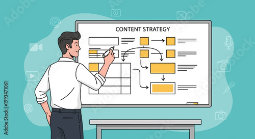 Man planning content strategy on whiteboard with flowcharts and icons