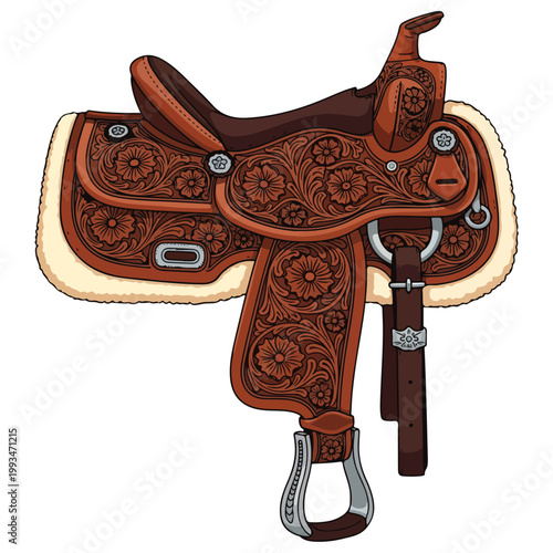 hand tooled leather western horse saddle vector illustration