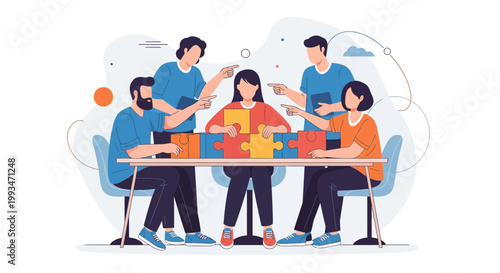 Teamwork assembling jigsaw puzzle pieces at a table, collaboration and problem solving concept