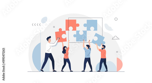 Teamwork assembling puzzle pieces, collaboration, strategy, business concept illustration