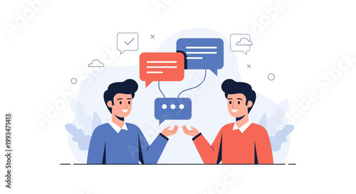 Two men talking with speech bubbles, communication concept, vector illustration