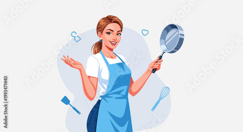 Smiling Woman Chef with Frying Pan and Kitchen Utensils, Cooking Concept