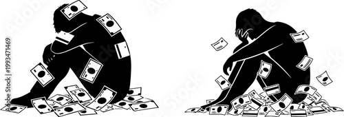 Person stressed credit card bills silhouette.