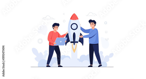 Startup Launch: Two Men Prepare Rocket for Liftoff with Laptop