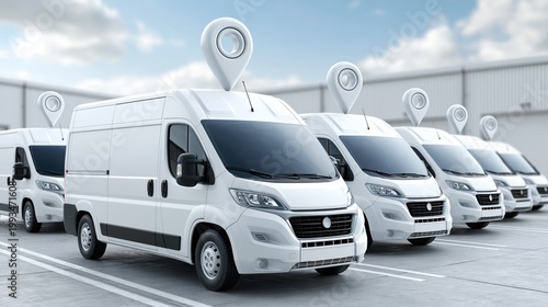 Fleet of white delivery vans parked in a distribution yard with location pins
