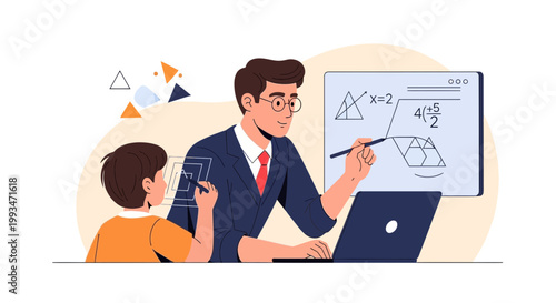 Teacher explaining math lesson to student online with laptop and whiteboard