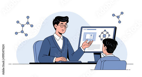 Teacher explaining molecular structure on computer to student, science education concept