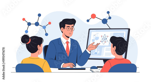 Teacher Explains Molecular Structure to Students Online, Science Education Concept
