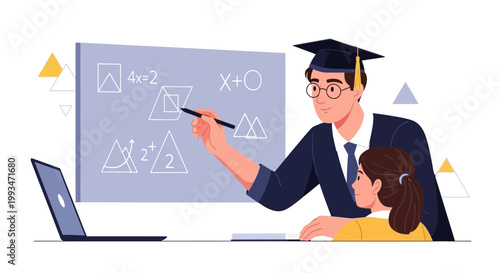 Teacher in Graduation Cap Explains Math Equations to Student Online