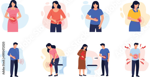 People suffering from stomach pain abdominal cramps nausea digestive problems and bowel issues medical flat style cartoon vector illustration set