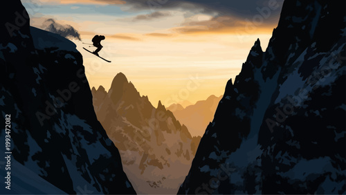 Silhouette skier jumps between snowy mountain peaks at sunset, extreme sports adventure