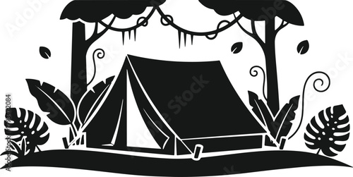 Tent in jungle forest silhouette for outdoor camping adventure graphic.