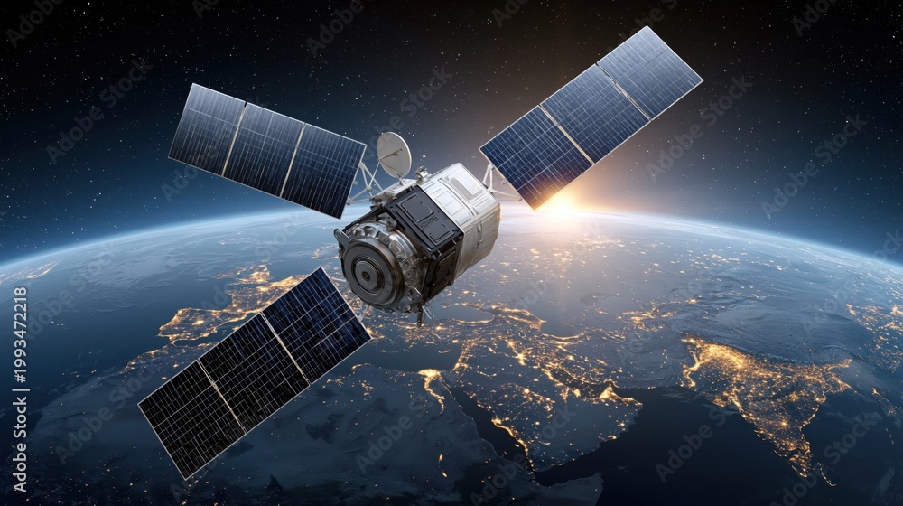 Fototapeta premium Satellite orbiting Earth with solar panels illuminated by the sun