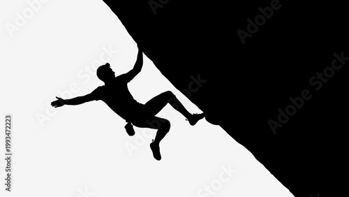 Silhouette of a man rock climbing on a steep, dark surface against a white background.