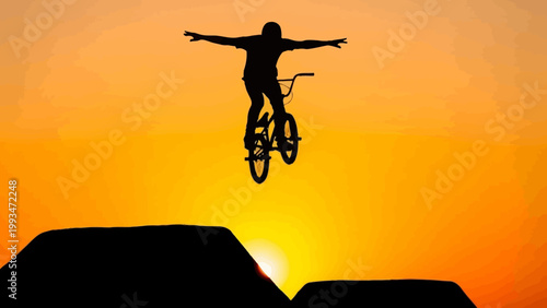 Silhouette of BMX rider performing a jump at sunset, extreme sports and freedom concept