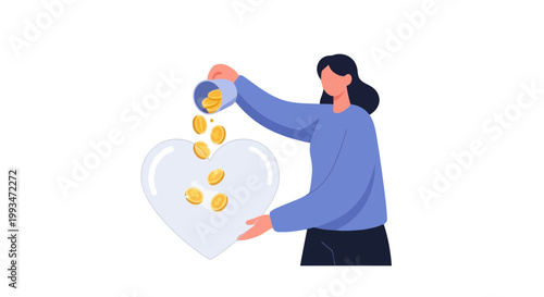 Woman Holding a Heart-Shaped Container Filling with Coins