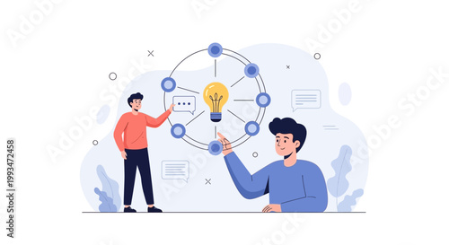 Teamwork and Innovation: People connecting ideas with a lightbulb
