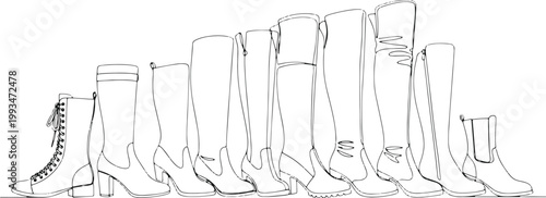 Assortment of boots in outline for fashion footwear collection graphic.